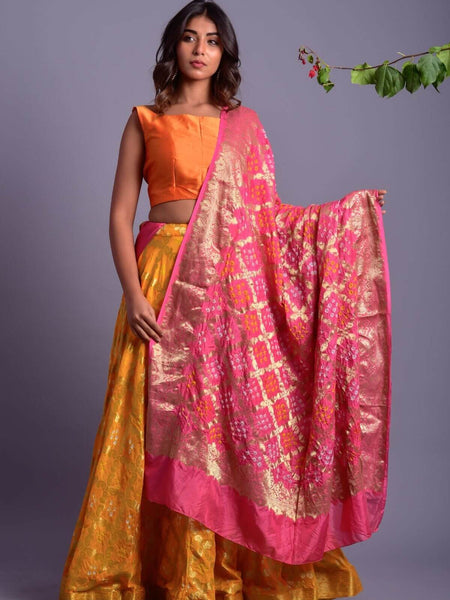 Yellow Full Flared Lehenga Set with Pink Dupatta