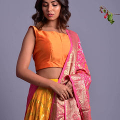 Yellow Full Flared Lehenga Set with Pink Dupatta