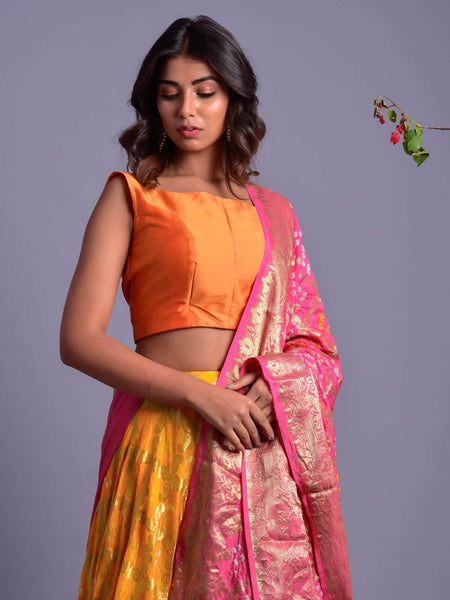 Yellow Full Flared Lehenga Set with Pink Dupatta