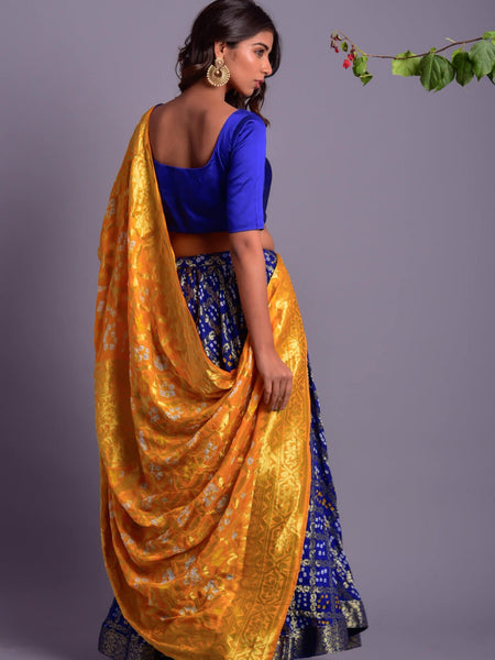 Blue Flared Lehenga with Yellow Dupatta