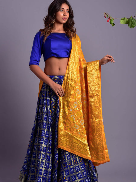 Blue Flared Lehenga with Yellow Dupatta