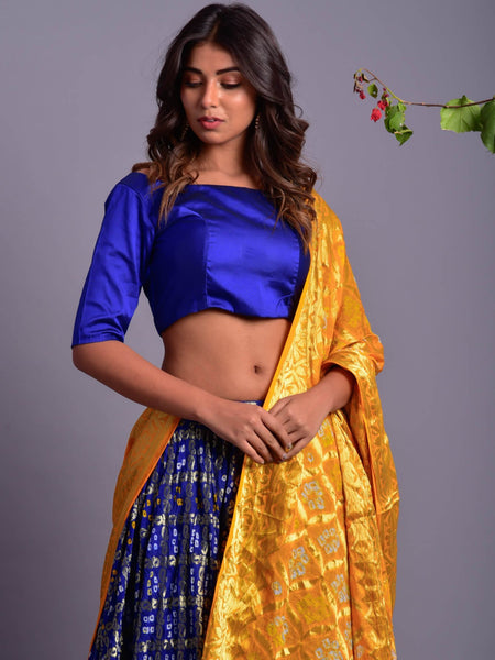 Blue Flared Lehenga with Yellow Dupatta