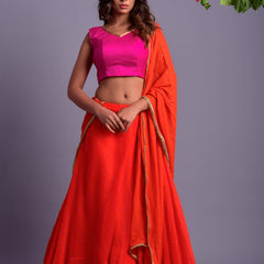 Orange Leheriya Lehenga Set with Magenta Blouse