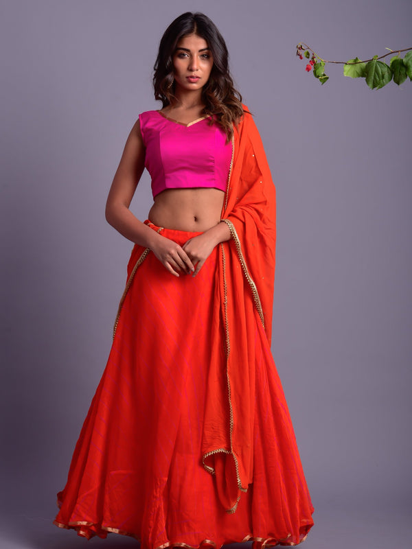 Orange Leheriya Lehenga Set with Magenta Blouse
