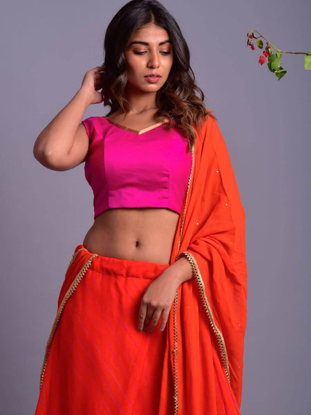 Orange Leheriya Lehenga Set with Magenta Blouse