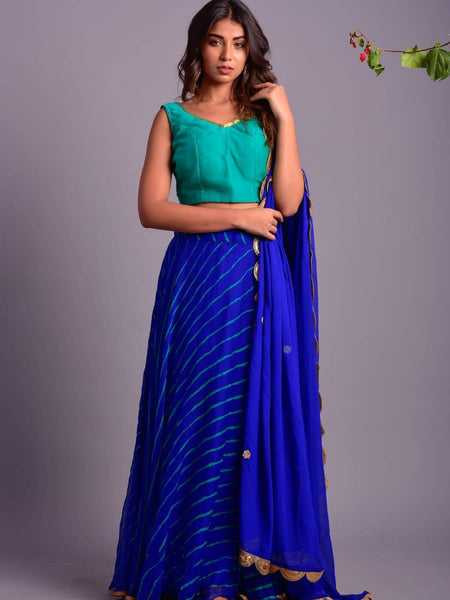 ROYALE BLUE LEHERIYA LEHENGA SET (set of 3)