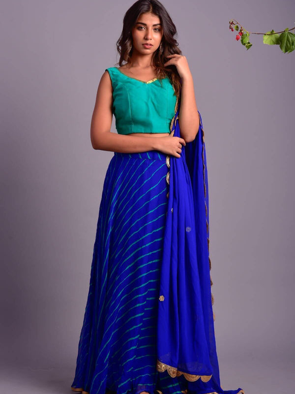 ROYALE BLUE LEHERIYA LEHENGA SET (set of 3)