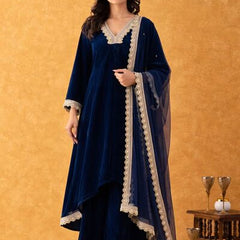 Midnight Blue Velvet Suit Set with Gold Lace Dupatta