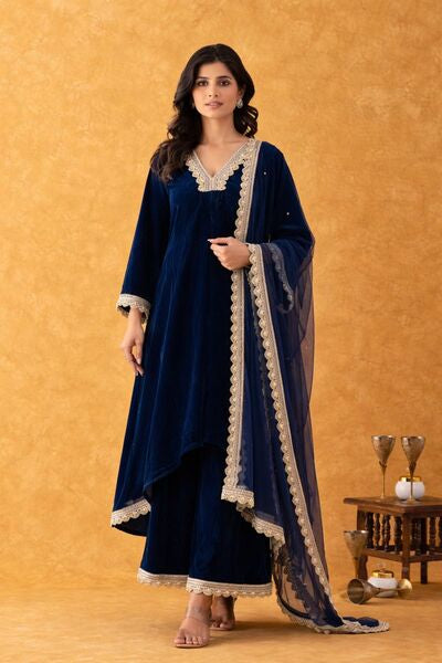 Midnight Blue Velvet Suit Set with Gold Lace Dupatta