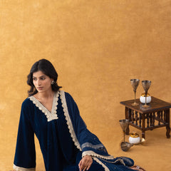 Midnight Blue Velvet Suit Set with Gold Lace Dupatta
