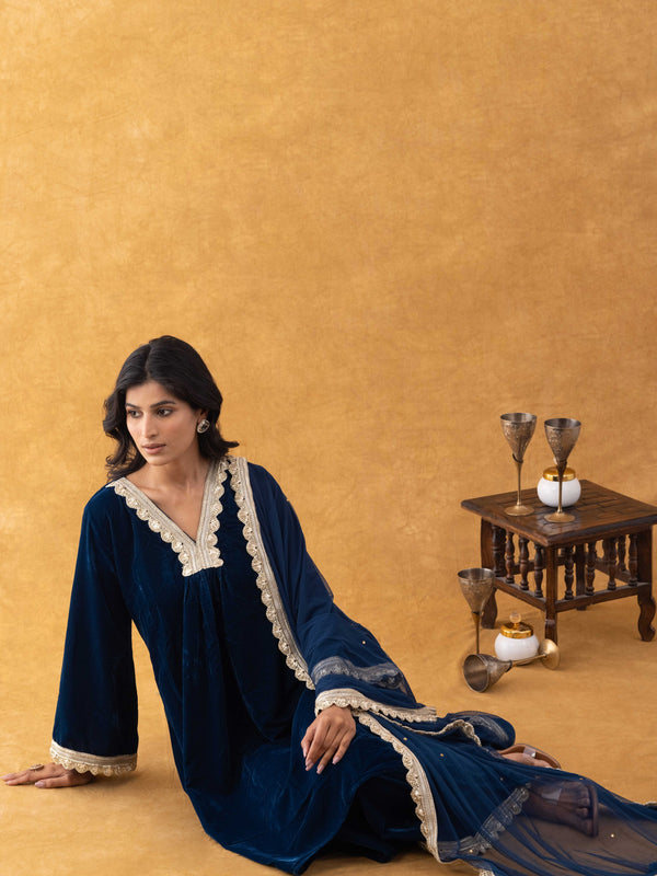 Midnight Blue Velvet Suit Set with Gold Lace Dupatta