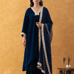 Midnight Blue Velvet Suit Set with Gold Lace Dupatta