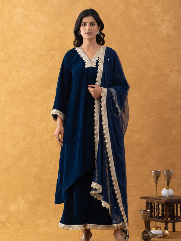 Midnight Blue Velvet Suit Set with Gold Lace Dupatta