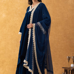 Midnight Blue Velvet Suit Set with Gold Lace Dupatta