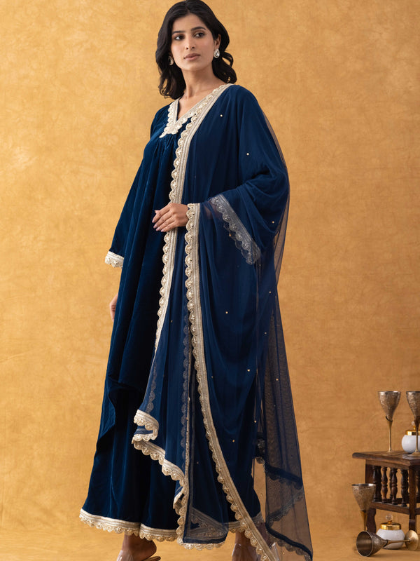 Midnight Blue Velvet Suit Set with Gold Lace Dupatta