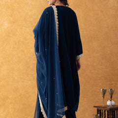 Midnight Blue Velvet Suit Set with Gold Lace Dupatta