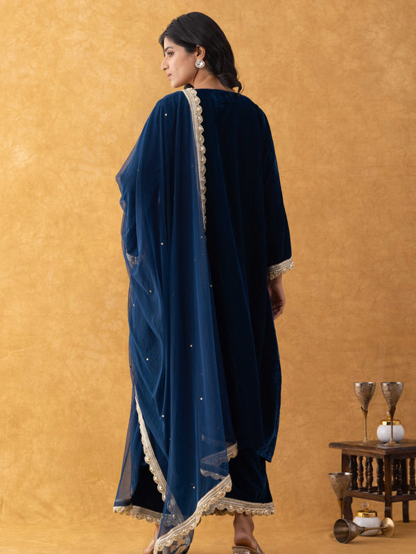 Midnight Blue Velvet Suit Set with Gold Lace Dupatta
