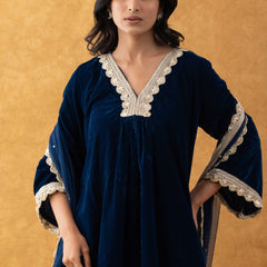 Midnight Blue Velvet Suit Set with Gold Lace Dupatta