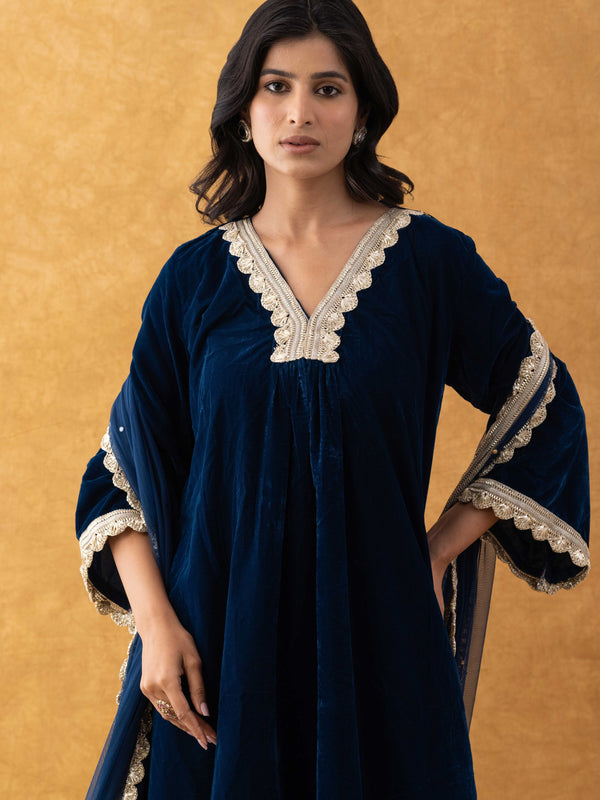 Midnight Blue Velvet Suit Set with Gold Lace Dupatta