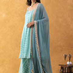 Seafoam Green Bandhani Print Silk Suit Set with Dupatta