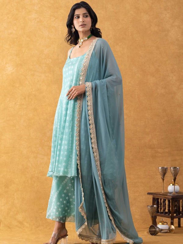 Seafoam Green Bandhani Print Silk Suit Set with Dupatta