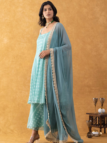 Seafoam Green Bandhani Print Silk Suit Set with Dupatta
