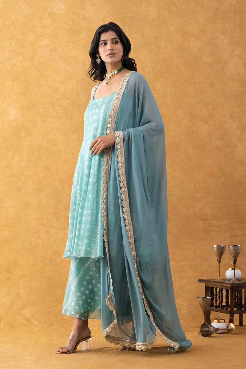 Seafoam Green Bandhani Print Silk Suit Set with Dupatta