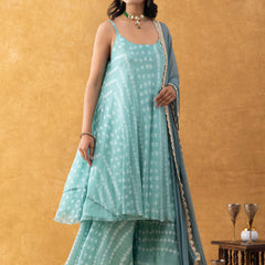 Seafoam Green Bandhani Print Silk Suit Set with Dupatta