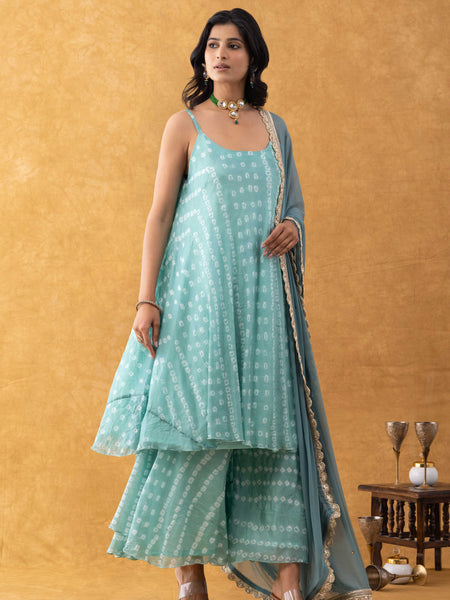 Seafoam Green Bandhani Print Silk Suit Set with Dupatta