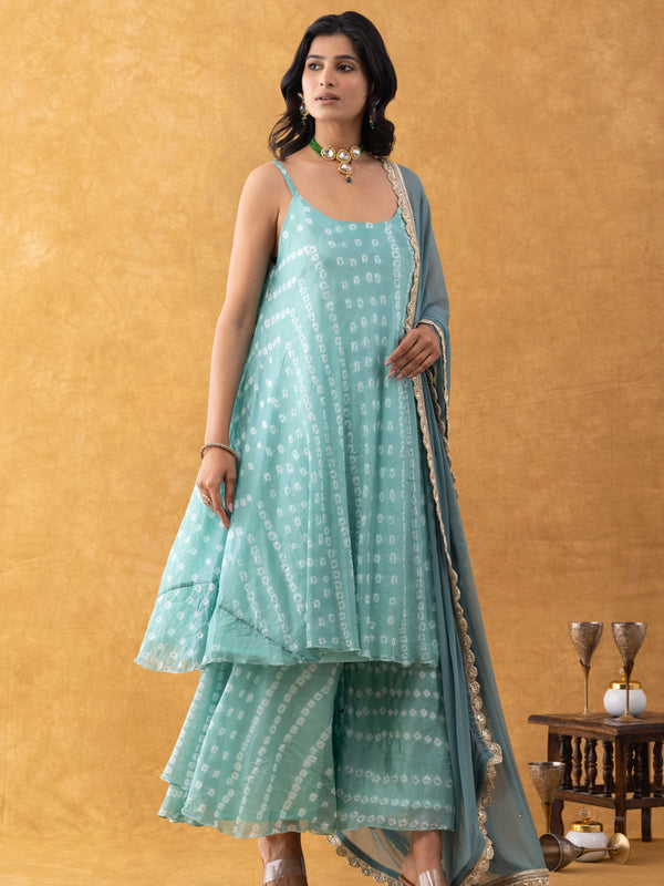 Seafoam Green Bandhani Print Silk Suit Set with Dupatta