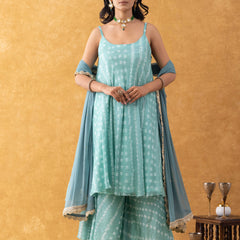 Seafoam Green Bandhani Print Silk Suit Set with Dupatta