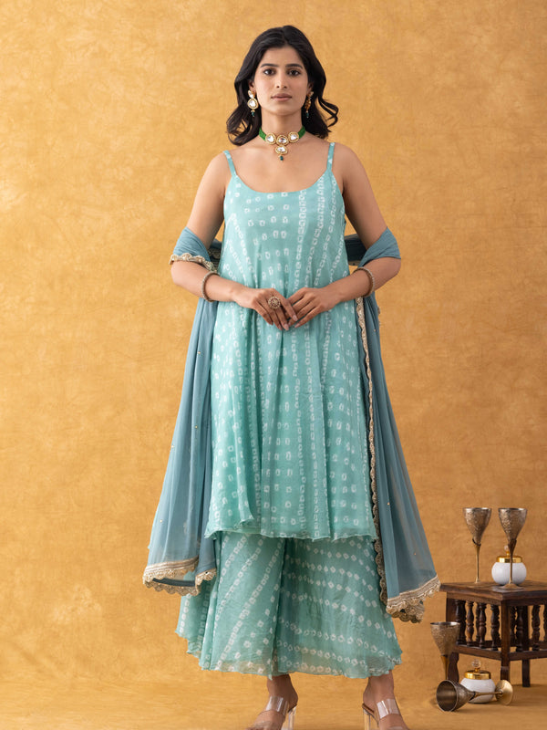 Seafoam Green Bandhani Print Silk Suit Set with Dupatta