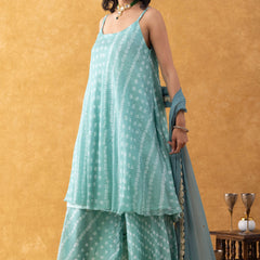 Seafoam Green Bandhani Print Silk Suit Set with Dupatta