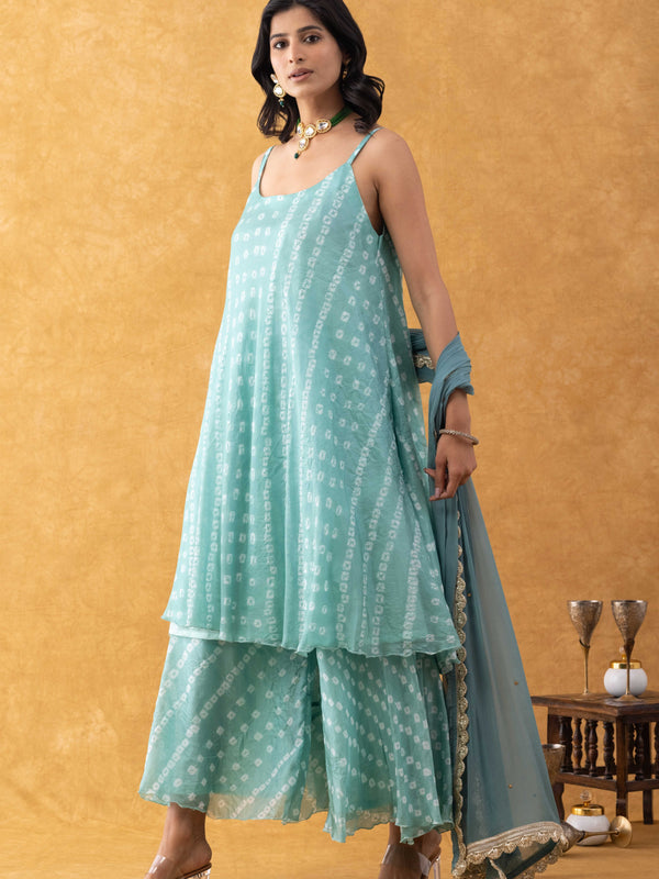 Seafoam Green Bandhani Print Silk Suit Set with Dupatta