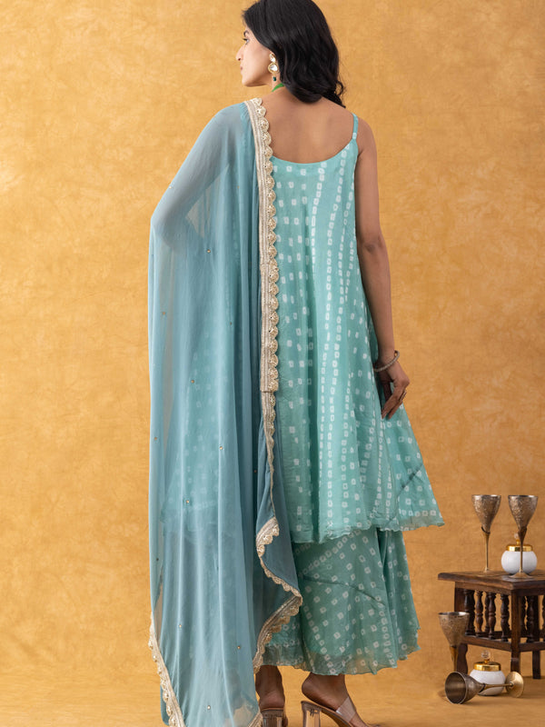 Seafoam Green Bandhani Print Silk Suit Set with Dupatta