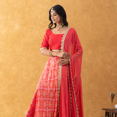 Coral Red Bandhani Print Silk Lehenga Set with Dupatta