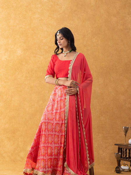 Coral Red Bandhani Print Silk Lehenga Set with Dupatta