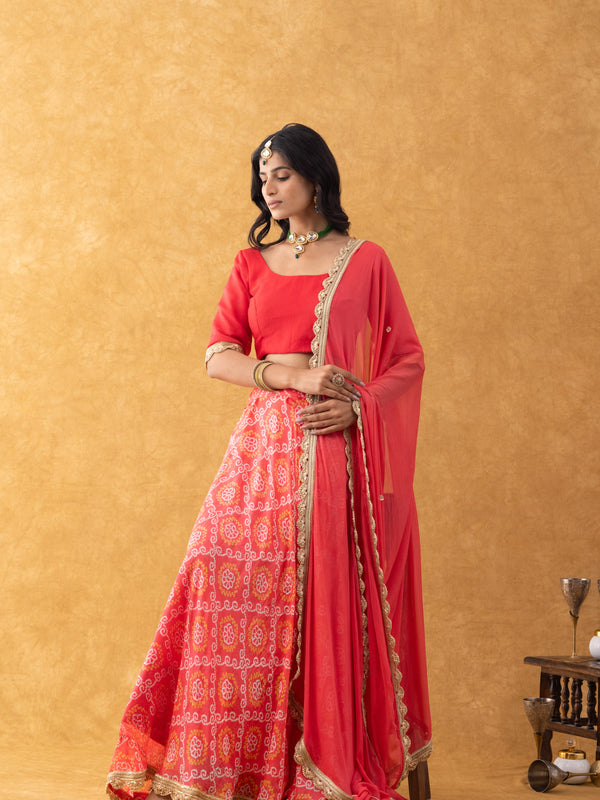 Coral Red Bandhani Print Silk Lehenga Set with Dupatta