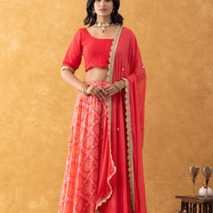 Coral Red Bandhani Print Silk Lehenga Set with Dupatta