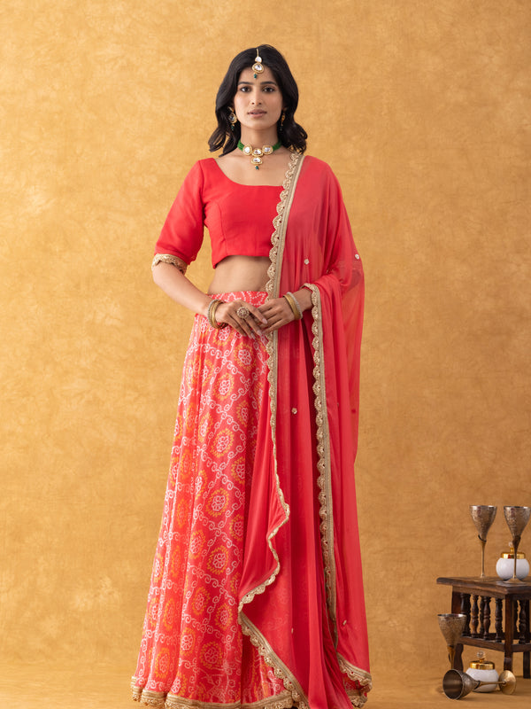 Coral Red Bandhani Print Silk Lehenga Set with Dupatta