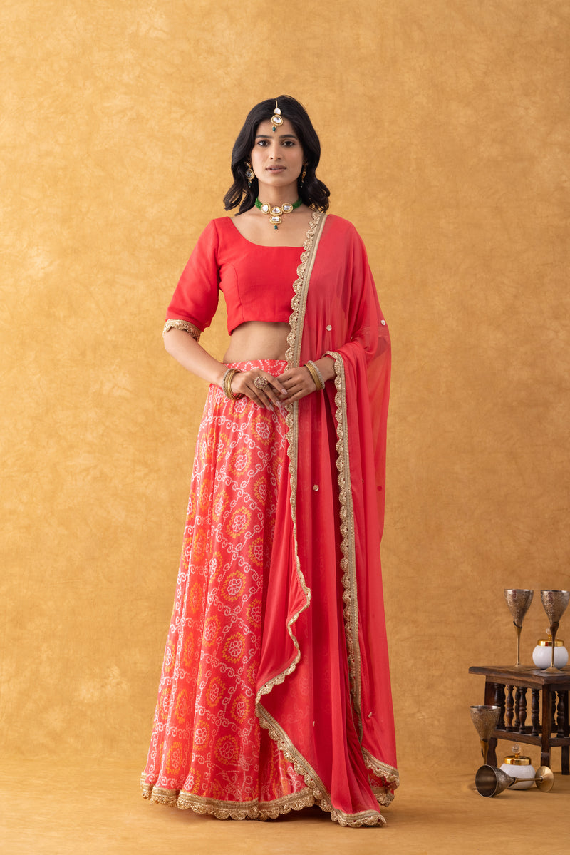 Coral Red Bandhani Print Silk Lehenga Set with Dupatta