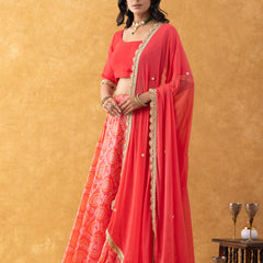 Coral Red Bandhani Print Silk Lehenga Set with Dupatta