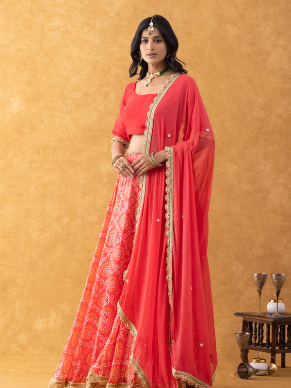 Coral Red Bandhani Print Silk Lehenga Set with Dupatta