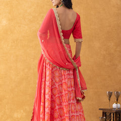 Coral Red Bandhani Print Silk Lehenga Set with Dupatta