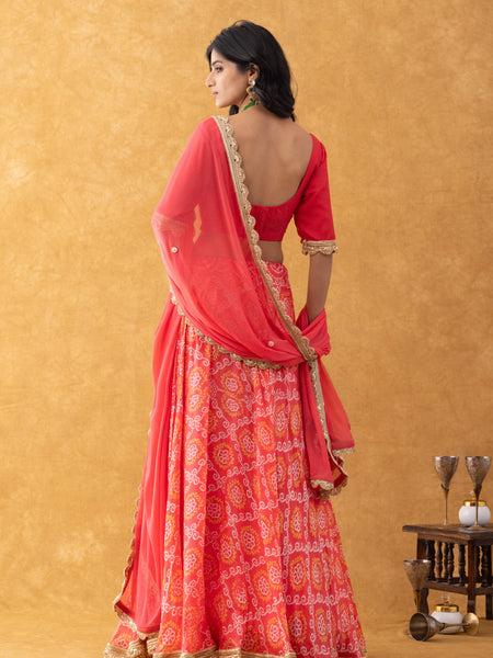 Coral Red Bandhani Print Silk Lehenga Set with Dupatta
