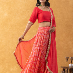 Coral Red Bandhani Print Silk Lehenga Set with Dupatta