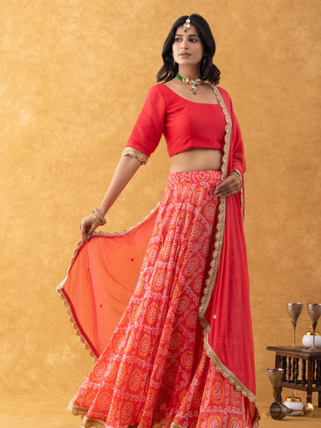 Coral Red Bandhani Print Silk Lehenga Set with Dupatta