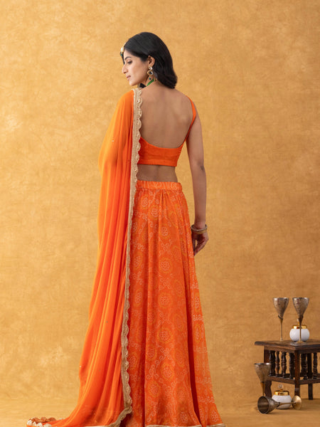 Orange Bandhani Lehenga Set with Dupatta | Kids Festive Wear