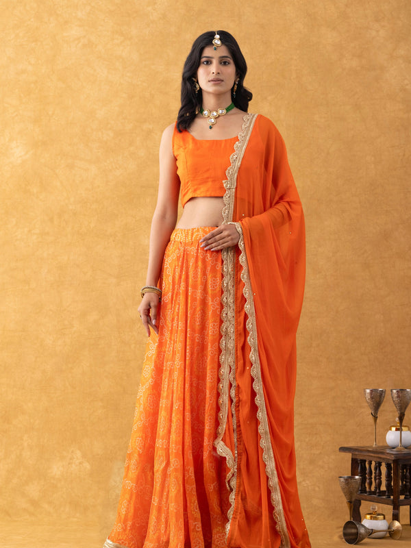 Orange Bandhani Lehenga Set with Dupatta | Kids Festive Wear