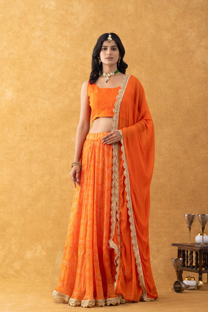 Orange Bandhani Lehenga Set with Dupatta | Kids Festive Wear